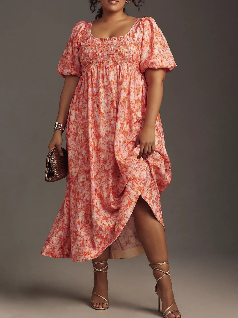Anthropologie Short-Sleeve Smocked Puff Babydoll Midi Dress with Pockets XL